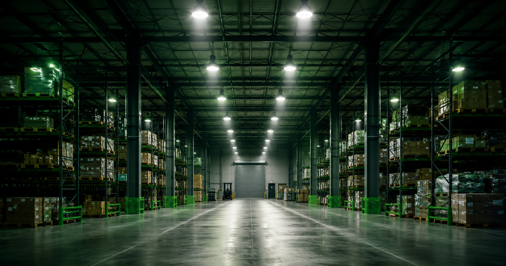 Brightly lit commercial warehouse interior illustrating AS 1680 lux level requirements