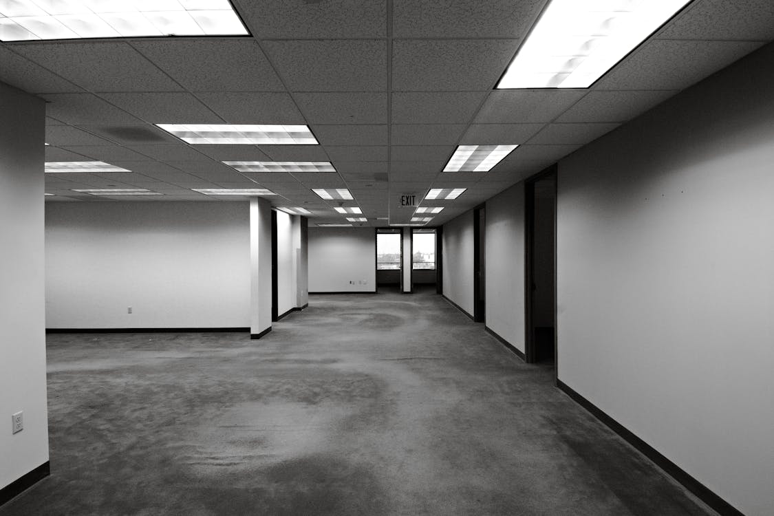 Empty office space with fluorescent T8 ceiling lighting