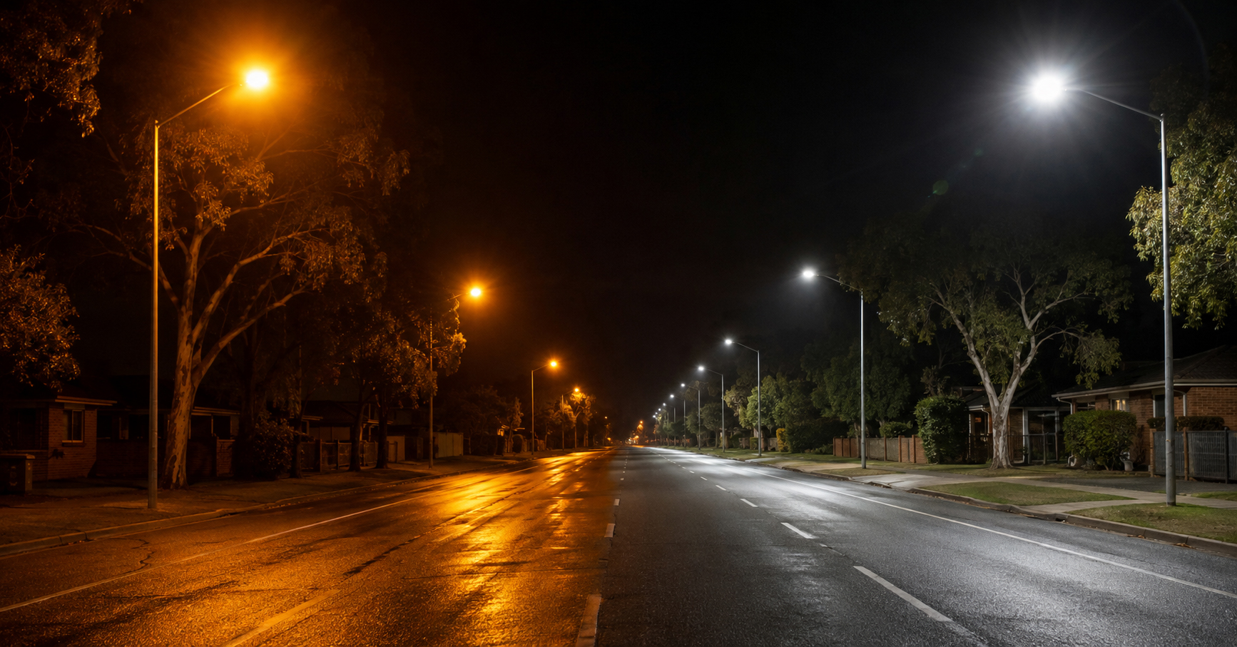 Suburban street at night lit by LED streetlights on Ausgrid poles — Australian council LED upgrade